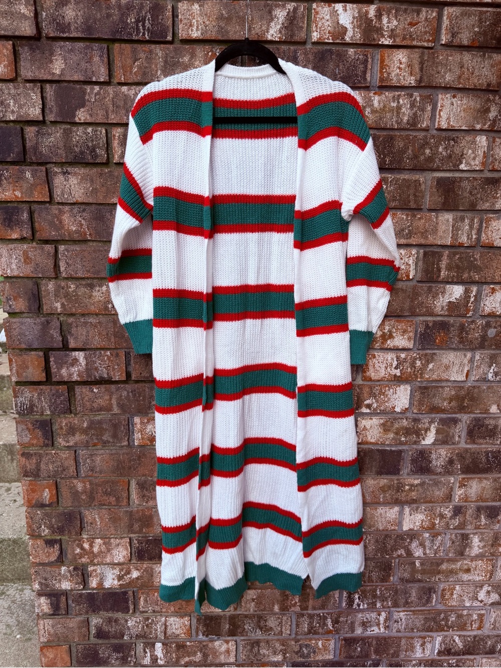 Women’s White Striped Open-Front Long Cardigan Sweater - Green & Red